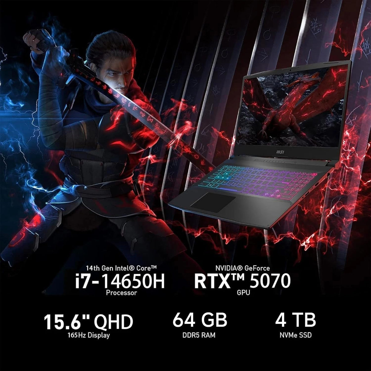MSI Katana 15HX Gaming Laptop, NVIDIA GeForce RTX 5070 8GB GDDR7, 14th Gen Intel Core i7-14650HX, 15.6' 165Hz QHD (2560x1440) Display, 64 GB DDR5 RAM, 4 TB SSD, RGB Backlit KB, Win 11 Pro, Copilot AI