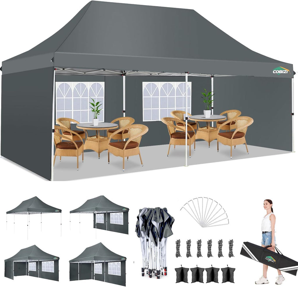 COBIZI 10x20 Pop Up Canopy with 4 Sidewalls, Conical Party Tent 10x20 with 3 Adjustable Height Waterproof, UV-Resistant EZ Outdoor Gazebo with Carry Bag, Sandbag, Stake, Rope for Parties, Commercial