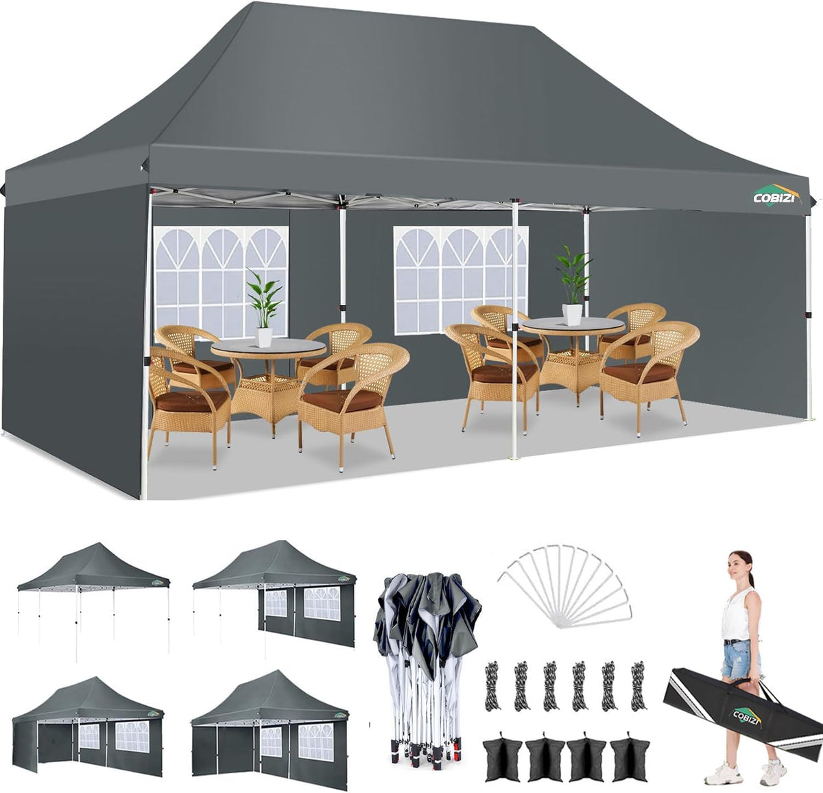 COBIZI 10x20 Pop Up Canopy with 4 Sidewalls, Conical Party Tent 10x20 with 3 Adjustable Height Waterproof, UV-Resistant EZ Outdoor Gazebo with Carry Bag, Sandbag, Stake, Rope for Parties, Commercial