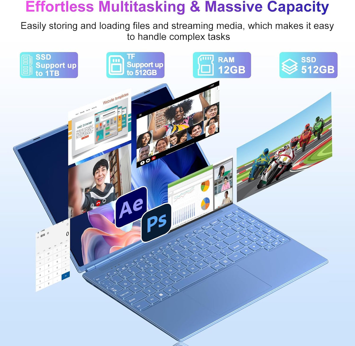 2025 16 Inch Gaming Laptop N5095 (Up to 2.9 GHz) 12GB+512GB SSD Support 1TB Expand Win 11 Laptops 1920 * 1200 FHD Screen 5G WiFi BT 4.2 Webcam Cooling Fan Numeric Keypad-Blue