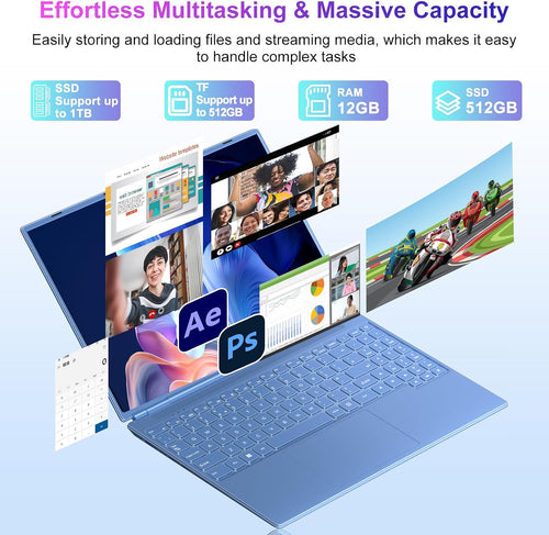 2025 16 Inch Gaming Laptop N5095 (Up to 2.9 GHz) 12GB+512GB SSD Support 1TB Expand Win 11 Laptops 1920 * 1200 FHD Screen 5G WiFi BT 4.2 Webcam Cooling Fan Numeric Keypad-Blue