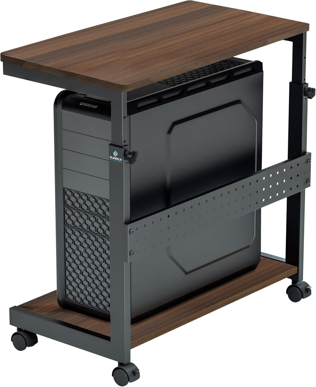 EUREKA ERGONOMIC PC Stand Computer Cart, Height Adjustable Tower Stand 2-Tier Suit for ATX Case Printer, Metal Rolling Cart on Wheels for Gaming Home Office, Walnut