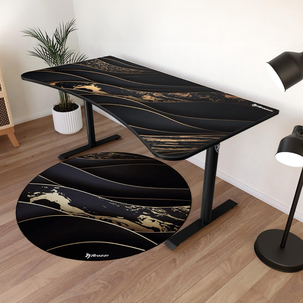 Arozzi Arena Special Edition Ultrawide Curved Gaming and Office Desk with Full Surface Water Resistant Desk Mat Custom Monitor Mount Cable Management Cut Outs - Black Gold