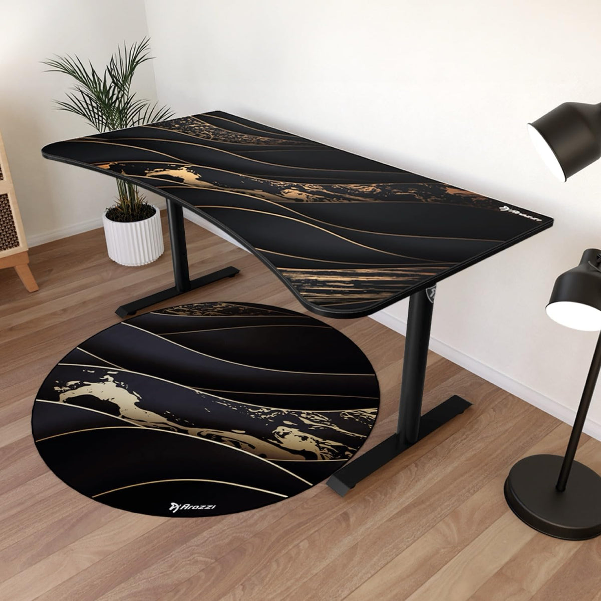 Arozzi Arena Special Edition Ultrawide Curved Gaming and Office Desk with Full Surface Water Resistant Desk Mat Custom Monitor Mount Cable Management Cut Outs - Black Gold