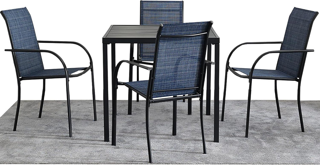 5-Piece Outdoor Dining Set, 35.5' Square Metal Patio Table with Dark Blue Chairs, Black Table with Umbrella Hole for Garden, Yard, Patio