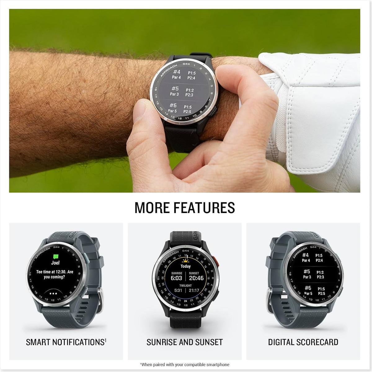 Garmin Approach S44 (Black/Silver) Golf GPS Smartwatch Gift Box Bundle - 1.2' AMOLED Display, On-Course Features & 15H Battery Life with PlayBetter Screen Protectors, Wall Adapter & Hard Case