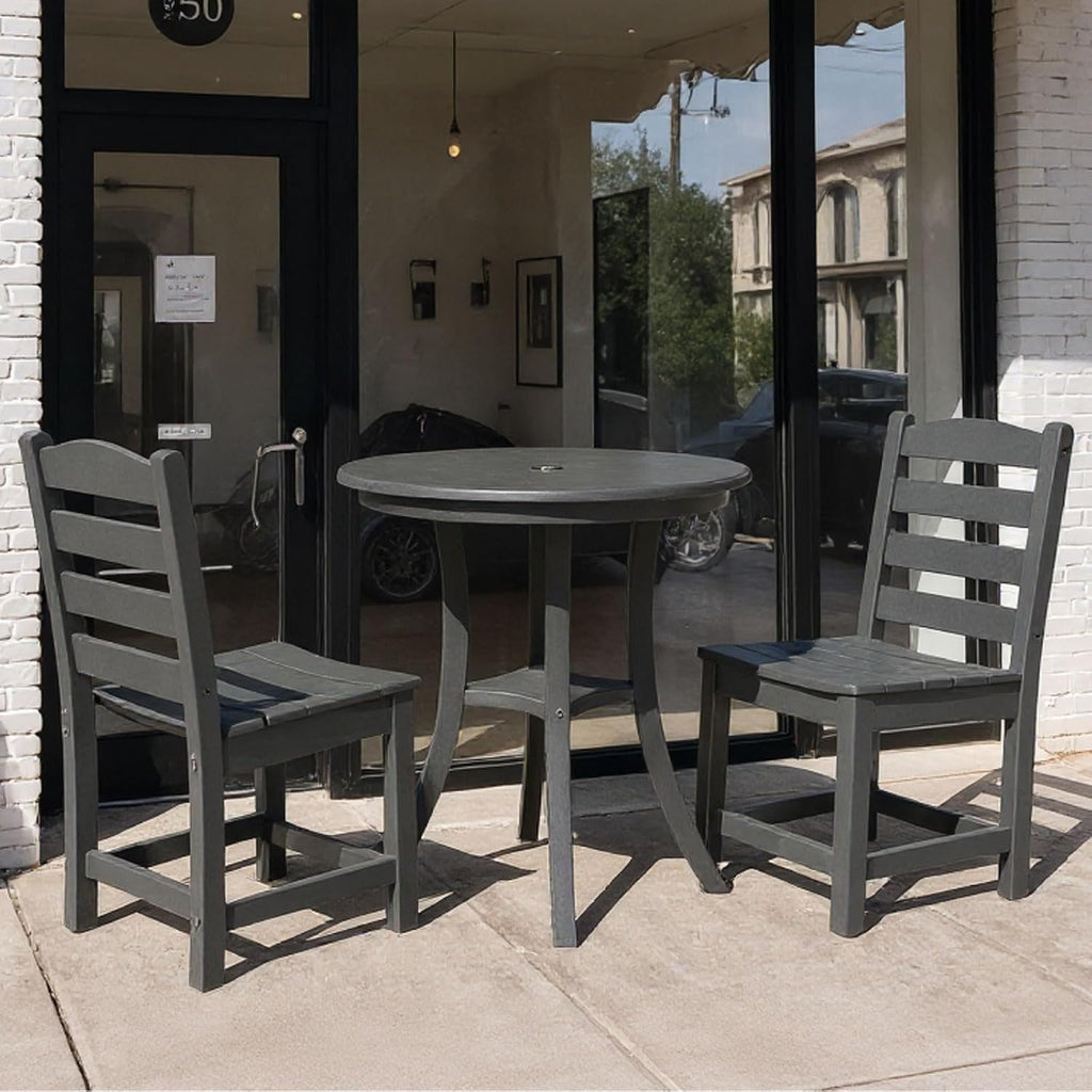 3 Piece Outdoor Patio Bistro Set with Umbrella Hole, HDPE Round Coffee Table and Porch Chairs Set of 2, Outdoor Patio Furniture Set with Bistro Table and Chairs for Balcony Garden Deck, Charcoal Gray