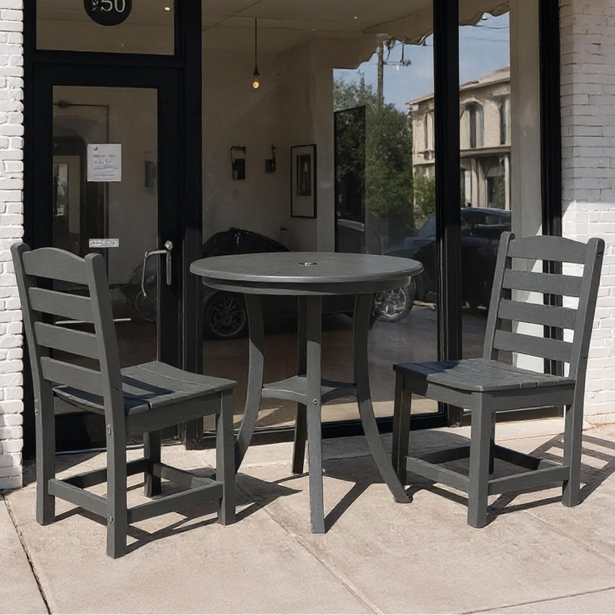 3 Piece Outdoor Patio Bistro Set with Umbrella Hole, HDPE Round Coffee Table and Porch Chairs Set of 2, Outdoor Patio Furniture Set with Bistro Table and Chairs for Balcony Garden Deck, Charcoal Gray