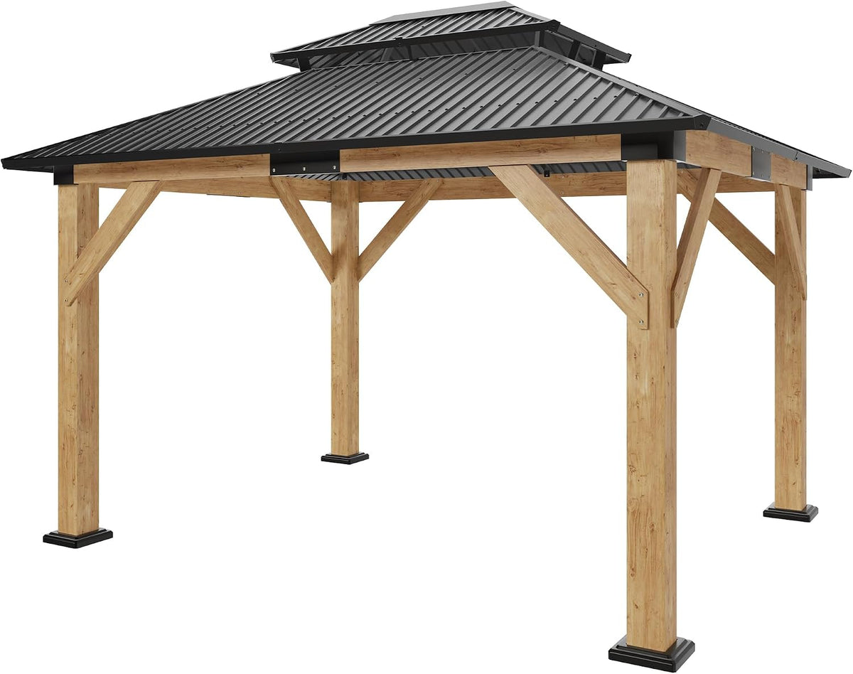 AMERLIFE 10x12 Spruce Wood Gazebo, Hardtop Gazebo with Aluminum Double Roof, Outdoor Pergola with Wood Frame for Parties, Backyard, Lawns, Patio