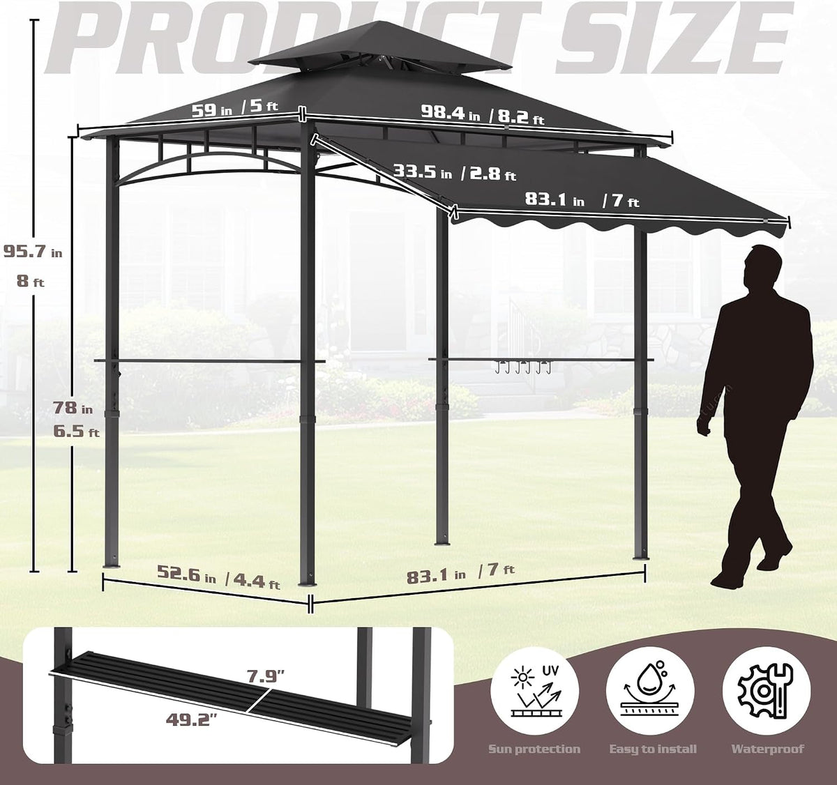 8'X8' Grill Gazebo Canopy - Heavy Duty Steel Frame, Double Tiered Grill Canopy for Outdoor Grill W/Shelves, Ceiling Hooks and Ground Stakes, Outdoor Patio Canopys Tent BBQ Gazebo Backyard(Grey)