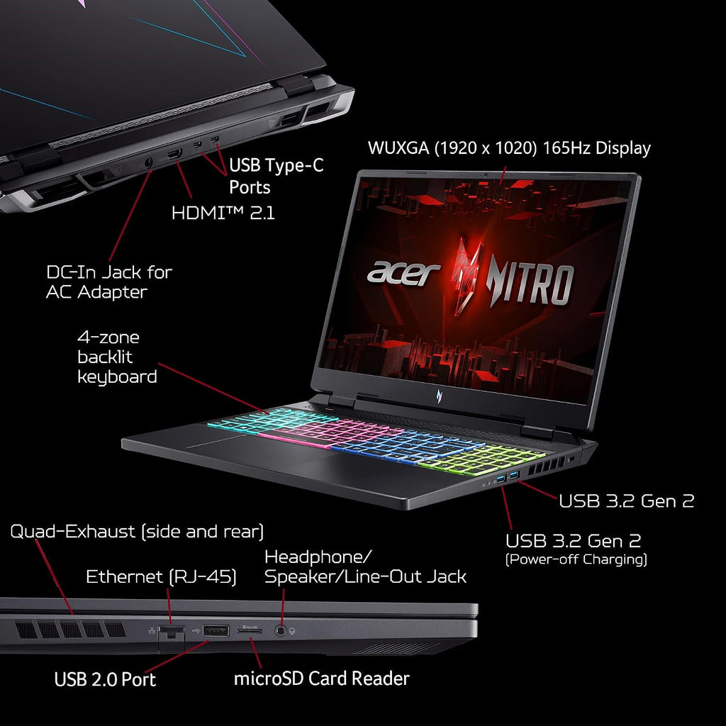 Acer Nitro 16 Gaming Laptop | AMD Ryzen 5 7640HS Hexa-Core CPU | NVIDIA GeForce RTX 4050 Laptop GPU | 16' WUXGA 165Hz IPS Display | 8GB DDR5 | 512GB Gen 4 SSD | WiFi 6E | RGB Backlit KB | AN16-41-R148