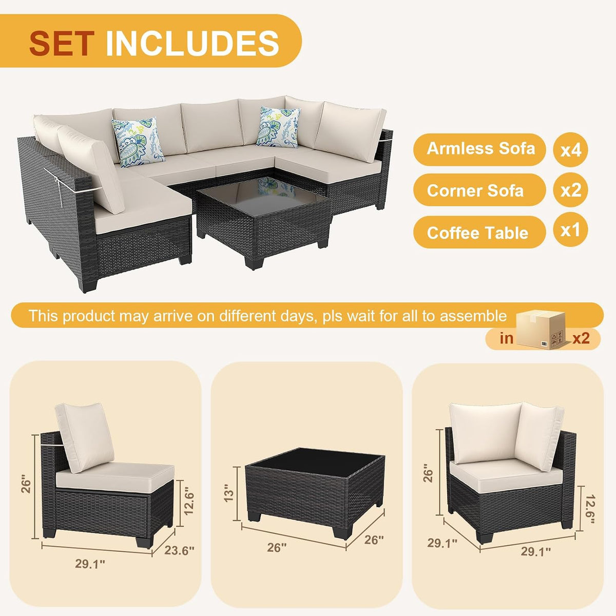 7 Pieces Patio Furniture Set, Outdoor Sectional Rattan Sofa Set, Wicker Patio Conversation Set with Cushions and Glass Coffee Table, for Balcony, Porch, Garden, (Brown/Beige)