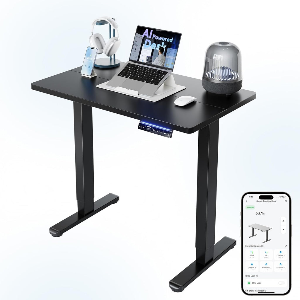 HUANUO 32' AI Smart Standing Desk with App-Synced Sedentary Reminders, Electric Height Adjustable Desk with Body-Data Ergonomic Presets, Voice Control Alexa/Google/Siri, 3 Memory Settings Table, Black