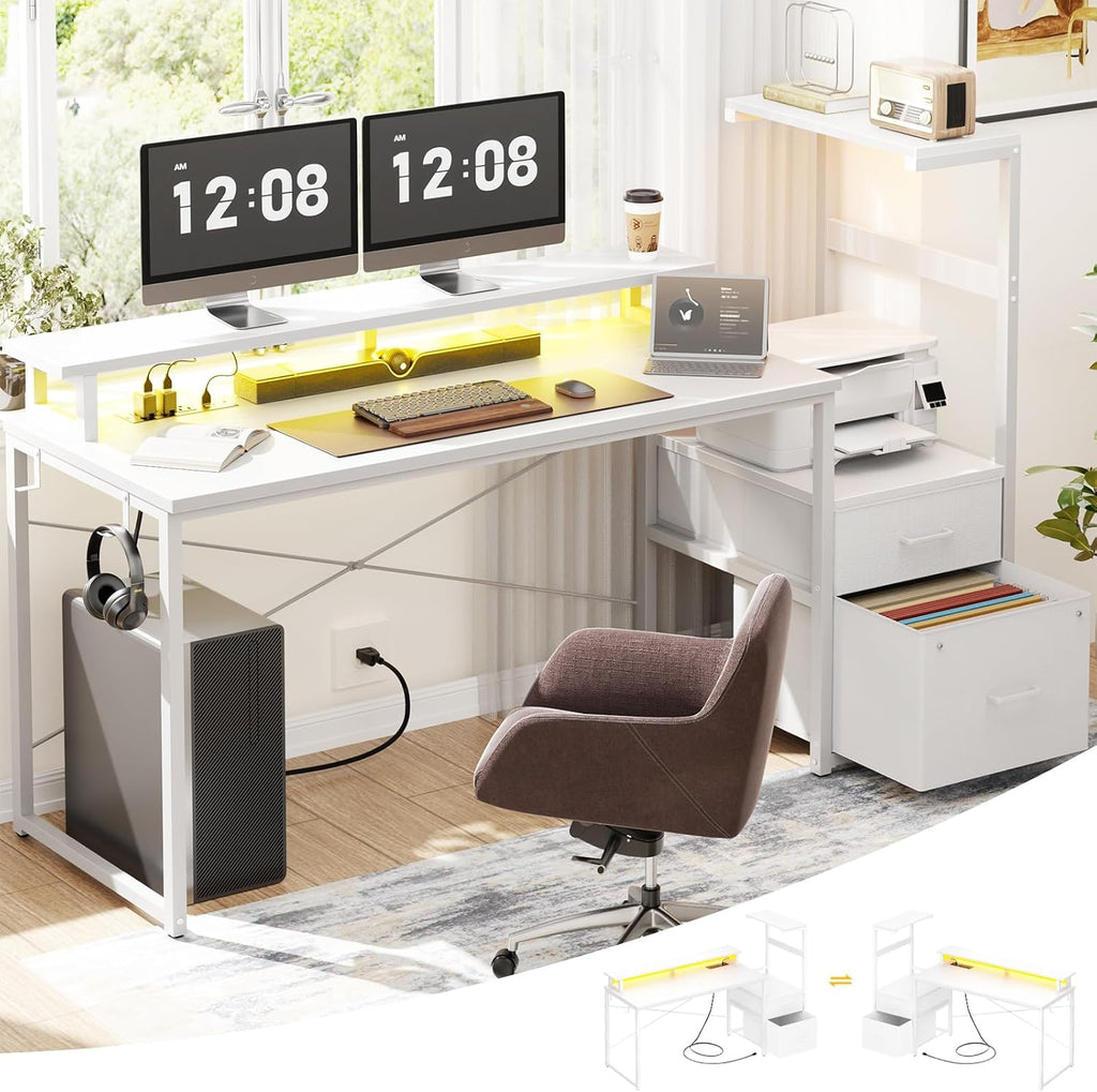 Aheaplus Gaming Desk with LED Strip & Power Outlet, 59Inch Reversible Computer Desk with Monitor Stand & Storage Shelves, Home Office Desks with Fabric File Drawer, Gamer Table PC Desk, White