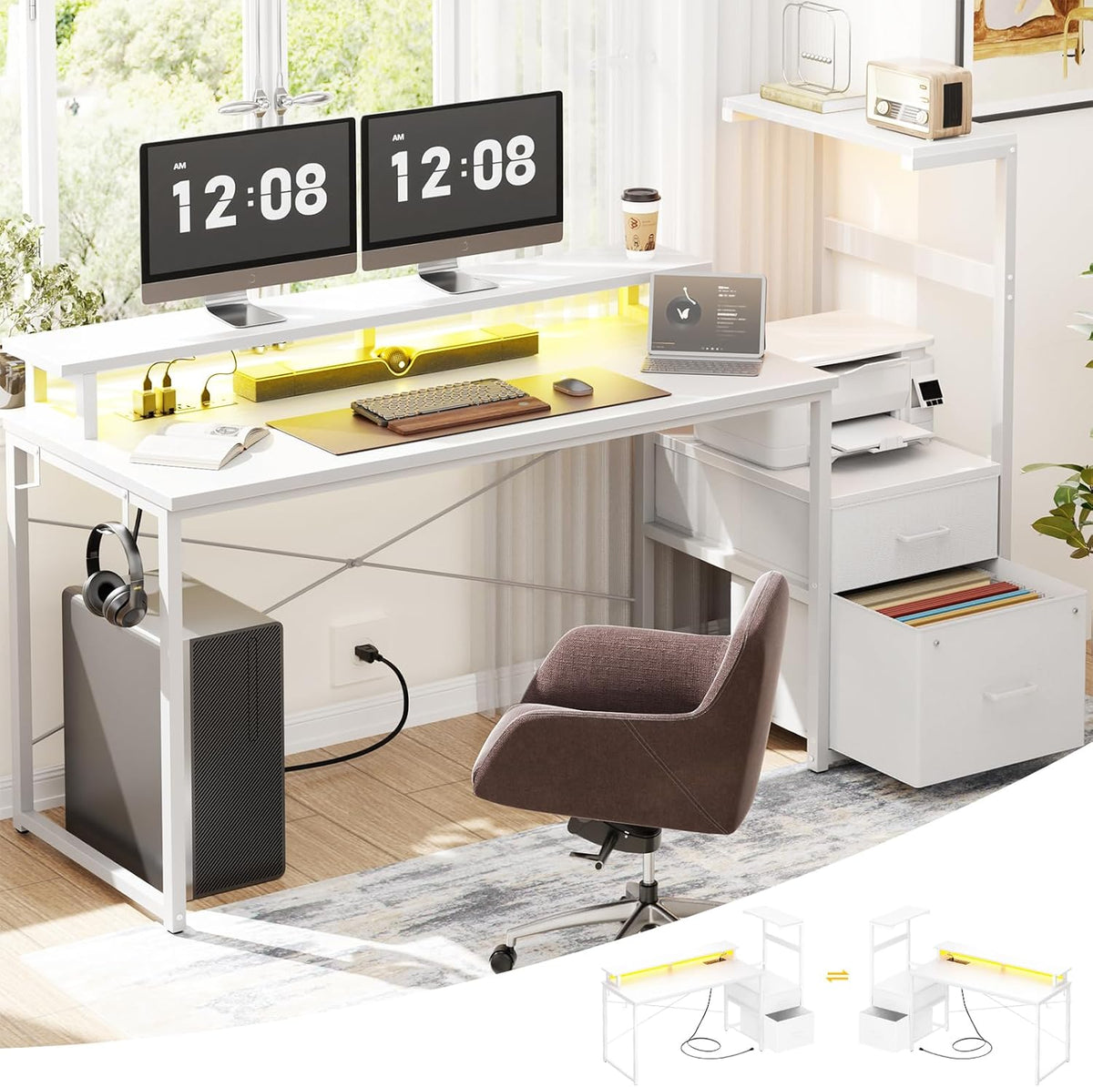 Aheaplus Gaming Desk with LED Strip & Power Outlet, 59Inch Reversible Computer Desk with Monitor Stand & Storage Shelves, Home Office Desks with Fabric File Drawer, Gamer Table PC Desk, White