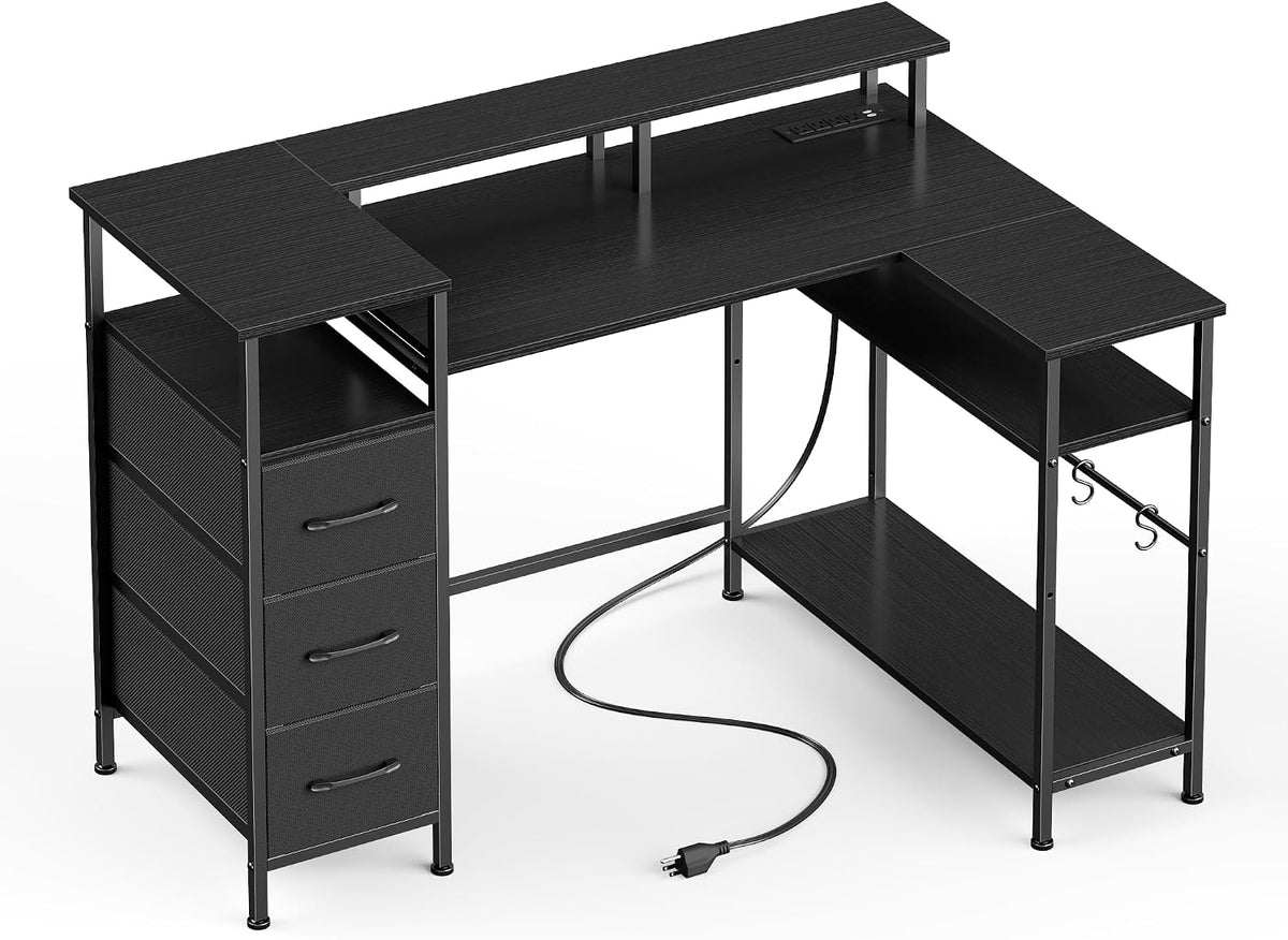 Korfile 47 Inch L Shaped Gaming Desk with Power Outlets and LED Lights, Reversible Computer Desk with File Drawers & Monitor Stand, Corner Gamer Desk Table for Home Office with Storage Shelves, Black
