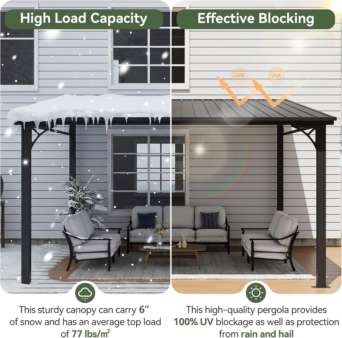 Aoxun 10' x 12' Lean to Gazebo, Hardtop Outdoor Pergola with Sloping Galvanized Steel Roof, Large Wall-Mounted Heavy Duty Awnings for Patio, Backyard, Deck, Porch (Black)