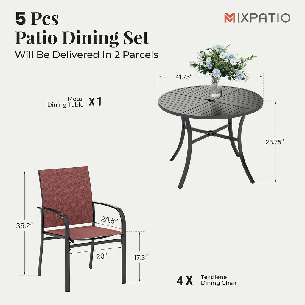 MIXPATIO Patio Table and Chairs Set for 4, 5 Pieces Outdoor Dining Set, 4 Red Textilene Chairs and 42' Metal Round Table with Umbrella Hole, for Deck Garden Backyard Lawn Poolside