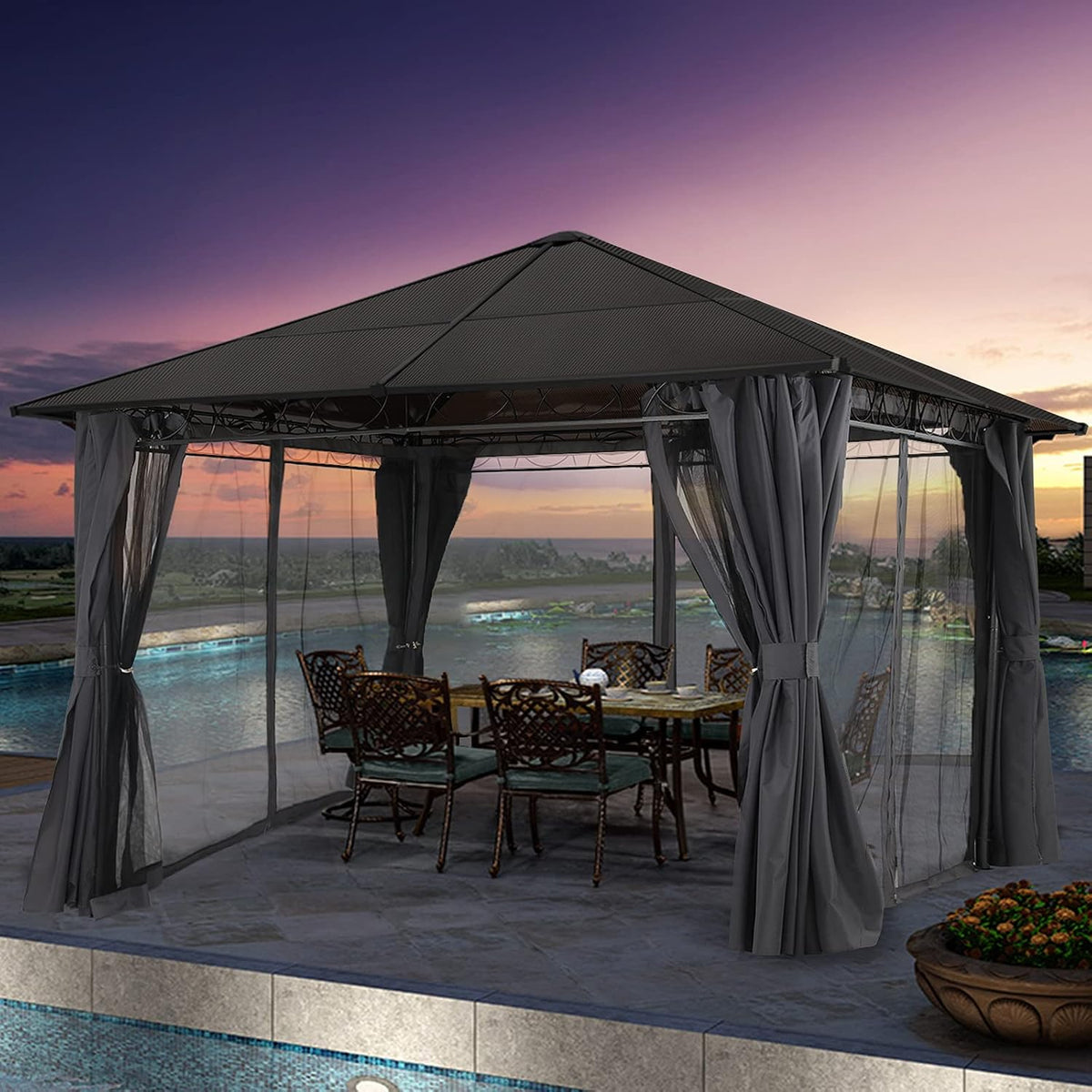 Hardtop Patio Gazebo with Curtains and Netting by ABCCANOPY