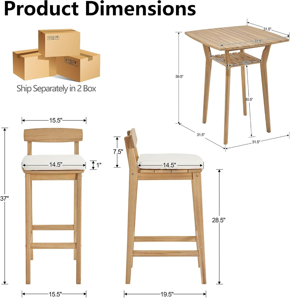 3 Piece Outdoor Patio Bar Set, Acacia Patio Furniture Set, High Top Patio Table and Chairs, 28.5' Bar Height Patio Bistro Set with Cushions, Patio Conversation Set for Balcony/Yard, Beige