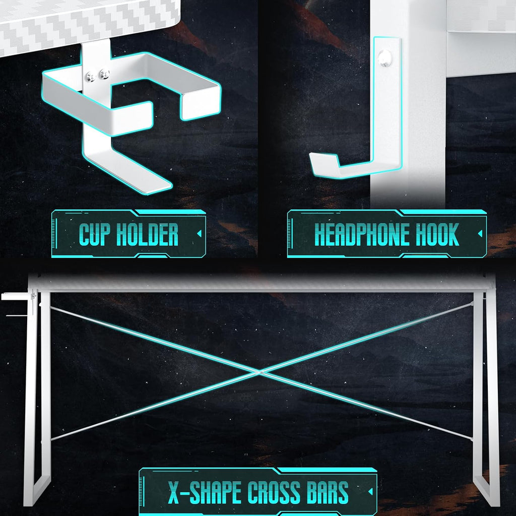 Besiost Gaming Desk with Hutch and LED Lights, Gaming Computer Desk with Power Outlets, Gamer Desk with Storage Shelves, PC Game Desk with Pegboards for Bedroom, Carbon Fiber White, 49'
