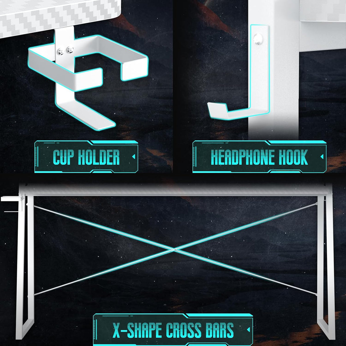 Besiost Gaming Desk with Hutch and LED Lights, Gaming Computer Desk with Power Outlets, Gamer Desk with Storage Shelves, PC Game Desk with Pegboards for Bedroom, Carbon Fiber White, 49'