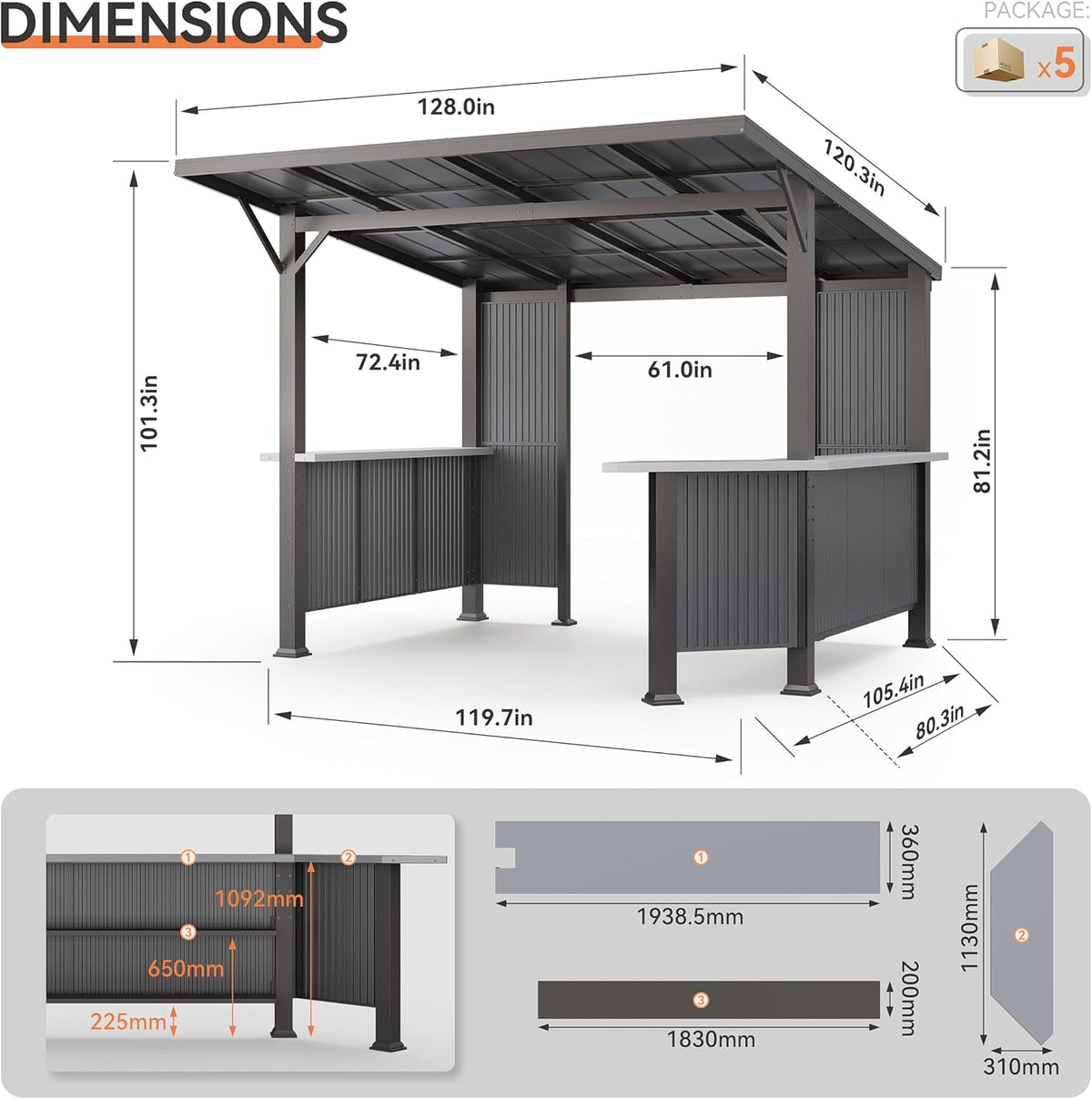 Kurapika 10' x 10'Hardtop BBQ Outdoor Gazebo,Waterproof Sloping Roof and Sturdy Steel Frame, Extended Bar Tops, Smoke-Venting Iron Canopy for Patio, Yard, Garden, for Familie Party