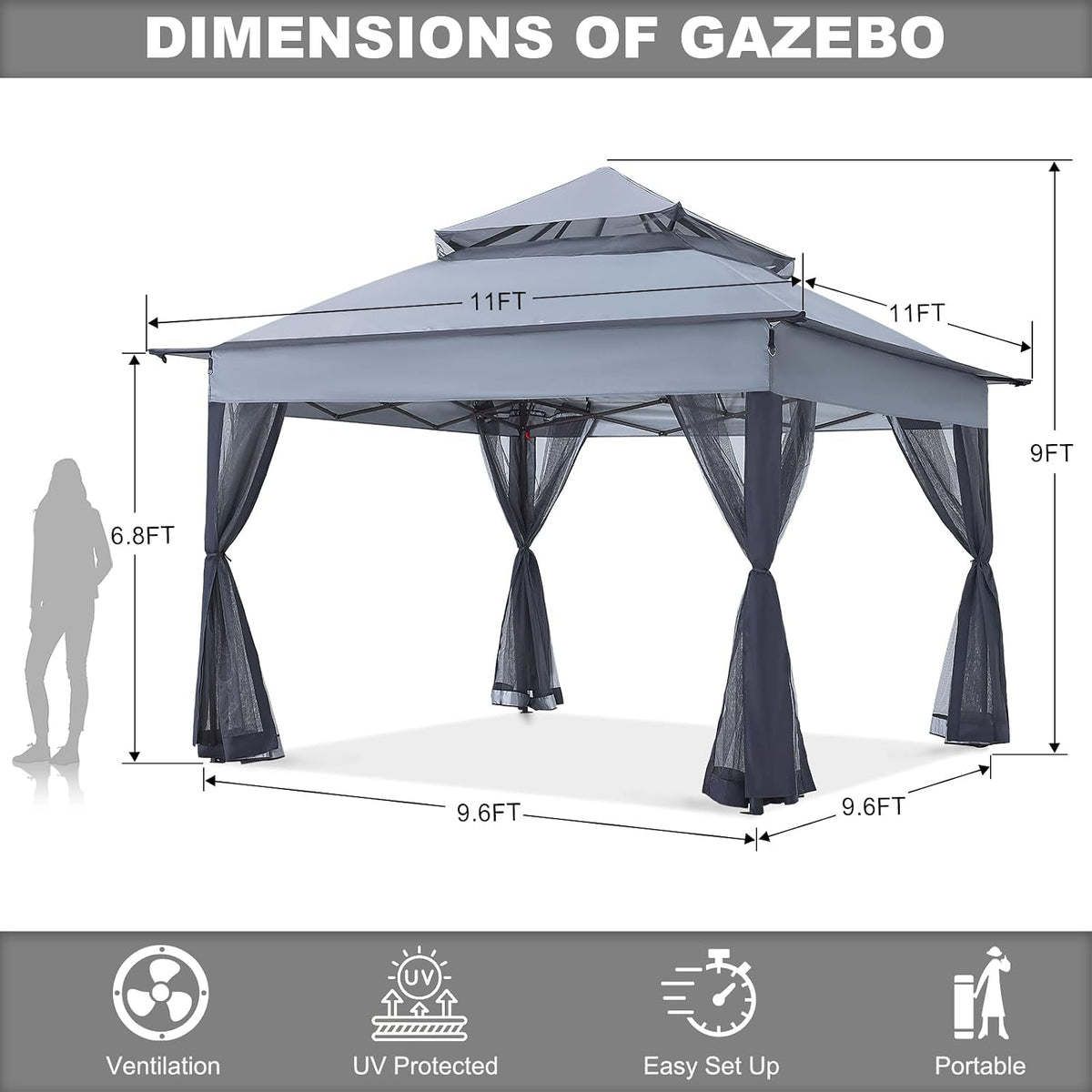 ABCCANOPY Pop Up Gazebo 11x11 - Outdoor Canopy Tent with Mosquito Netting for Patio Garden Backyard (Gray)