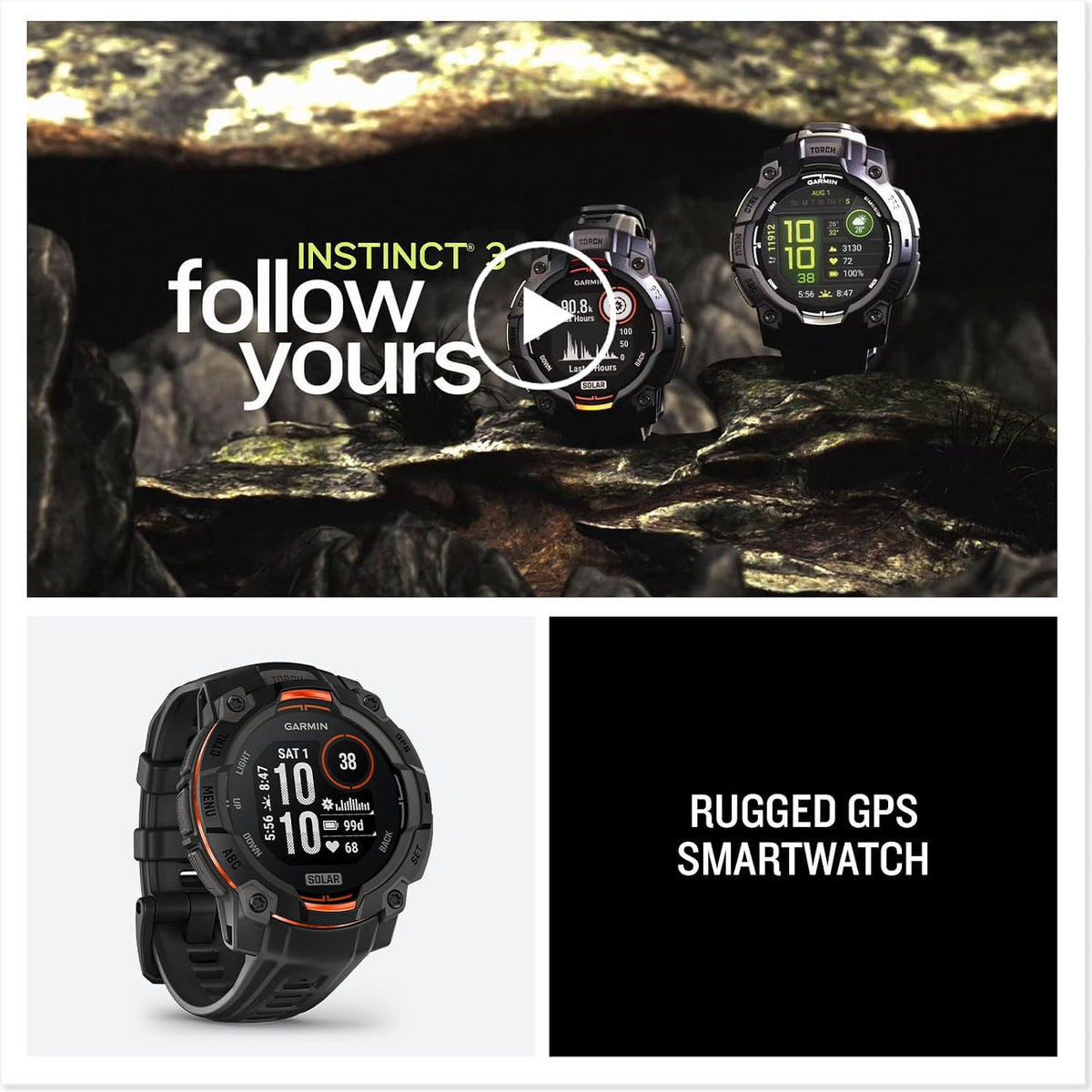 Garmin Instinct® 3 45mm, Solar Charged Display, Rugged Outdoor GPS Smartwatch, Metal-Reinforced Bezel, Built-in Flashlight, Black