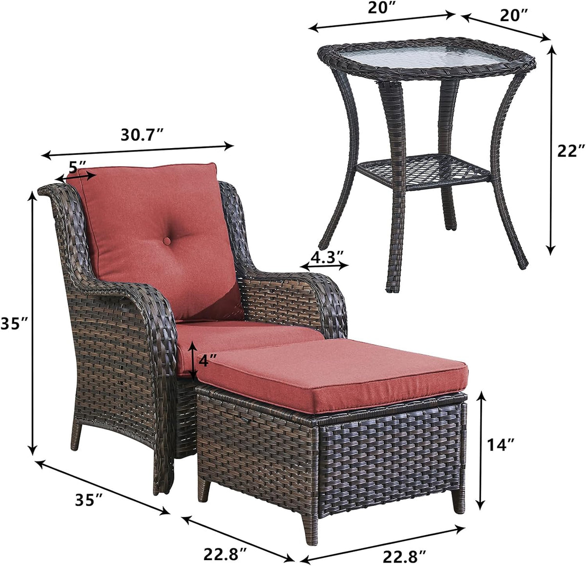 Outdoor Patio Furniture Chairs Set - 5 Piece Wicker Rattan Patio Sectional Conversation Sets with 2 Armrest Chairs,2 Ottomans and 1 Side Table for Porch Deck Balcony Backyard Garden(Brown/Red)