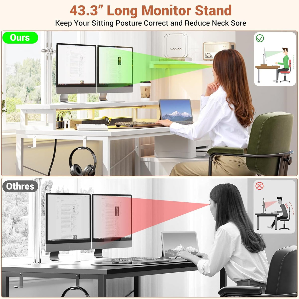 Aheaplus Gaming Desk with LED Strip & Power Outlet, 59Inch Reversible Computer Desk with Monitor Stand & Storage Shelves, Home Office Desks with Fabric File Drawer, Gamer Table PC Desk, White