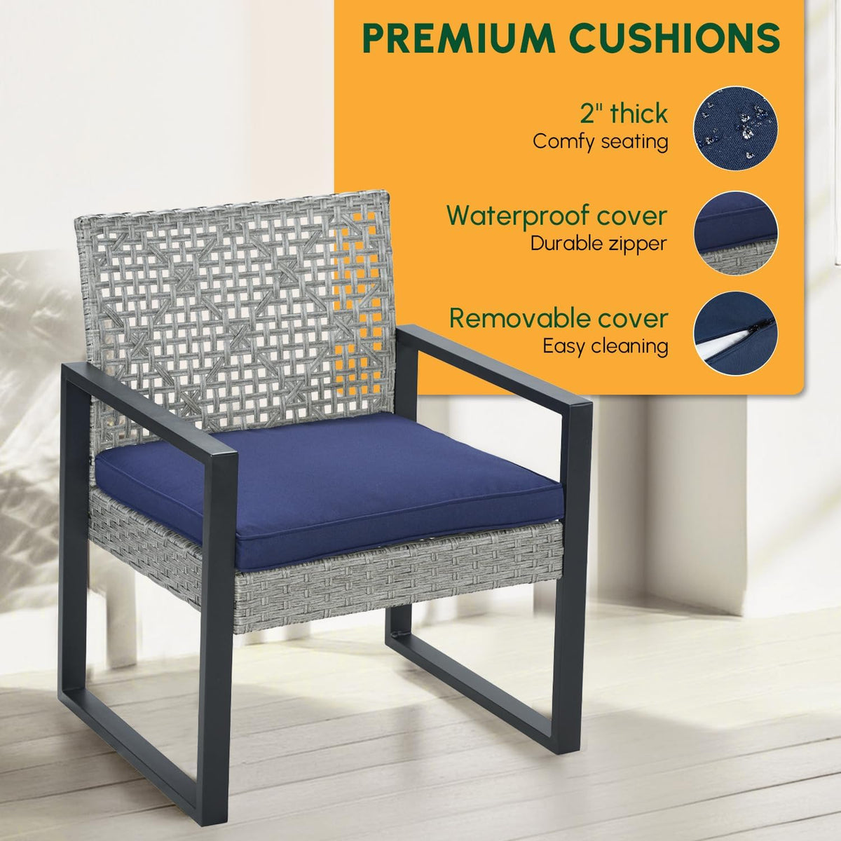 BEEFURNI Wicker Patio Furniture Outdoor Conversation Set of 4, Rattan Outdoor Furniture Set, Acacia Wood Table, 2 Chairs, 1 Loveseat, 2' Cushions, All Weather Set for Patio, Porch, Balcony (Gray)