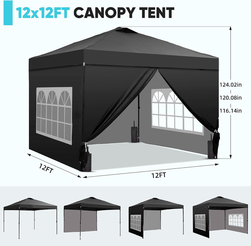 GDY 12x12 Pop Up Canopy Tent with 4 Sidewalls, Easy Set up with One Push Lift Gazebo with Wheel Bag and4 Sandbags,Carpas for Events, Parties,Camping, Black.