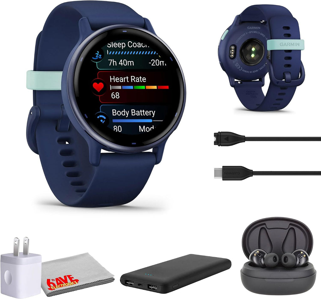 Garmin Vivoactive 5, Health and Fitness GPS Smartwatch for Women and Men, Metallic Navy Bezel w/Navy Case and Silicone Band, 11 Days Battery Life, 1.2' AMOLED Touchscreen Display (Bundle)