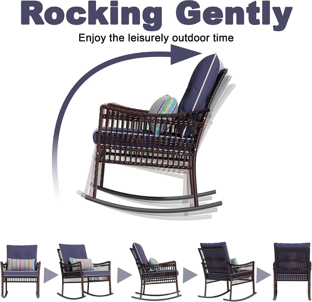 DECMICO Outdoor Rocking Chairs 3 Pieces Patio Conversation Front Porch Furniture, Wicker Bistro Set with Coffee Table for Garden and Balcony (Brown Rattan Royal Blue Cushion)