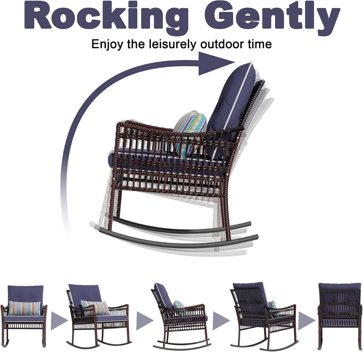 DECMICO Outdoor Rocking Chairs 3 Pieces Patio Conversation Front Porch Furniture, Wicker Bistro Set with Coffee Table for Garden and Balcony (Brown Rattan Royal Blue Cushion)
