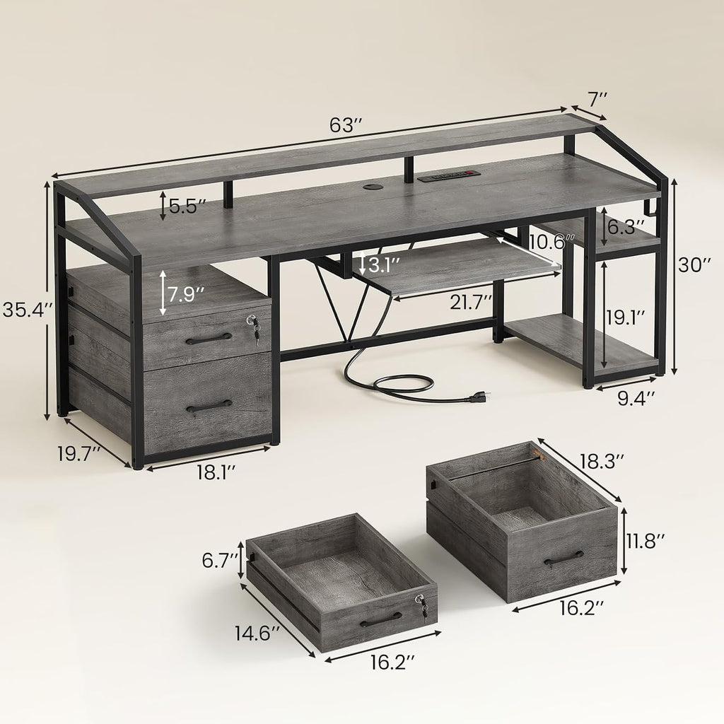 SEDETA 63' Computer Desk, Office Desk with Lockable Drawers for Legal/Letter File, Gaming Desk with LED Lights & Power Outlet, Home Office Desks with Storage, Grey