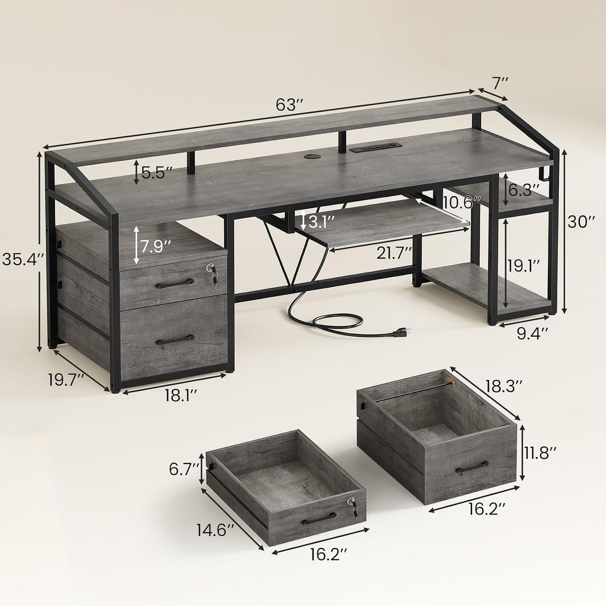 SEDETA 63' Computer Desk, Office Desk with Lockable Drawers for Legal/Letter File, Gaming Desk with LED Lights & Power Outlet, Home Office Desks with Storage, Grey