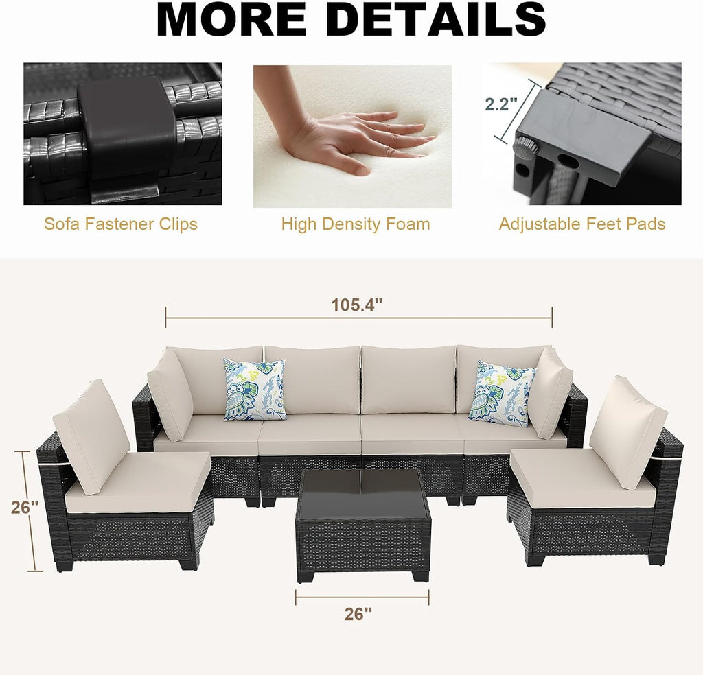 7 Pieces Patio Furniture Set, Outdoor Sectional Rattan Sofa Set, Wicker Patio Conversation Set with Cushions and Glass Coffee Table, for Balcony, Porch, Garden, (Brown/Beige)