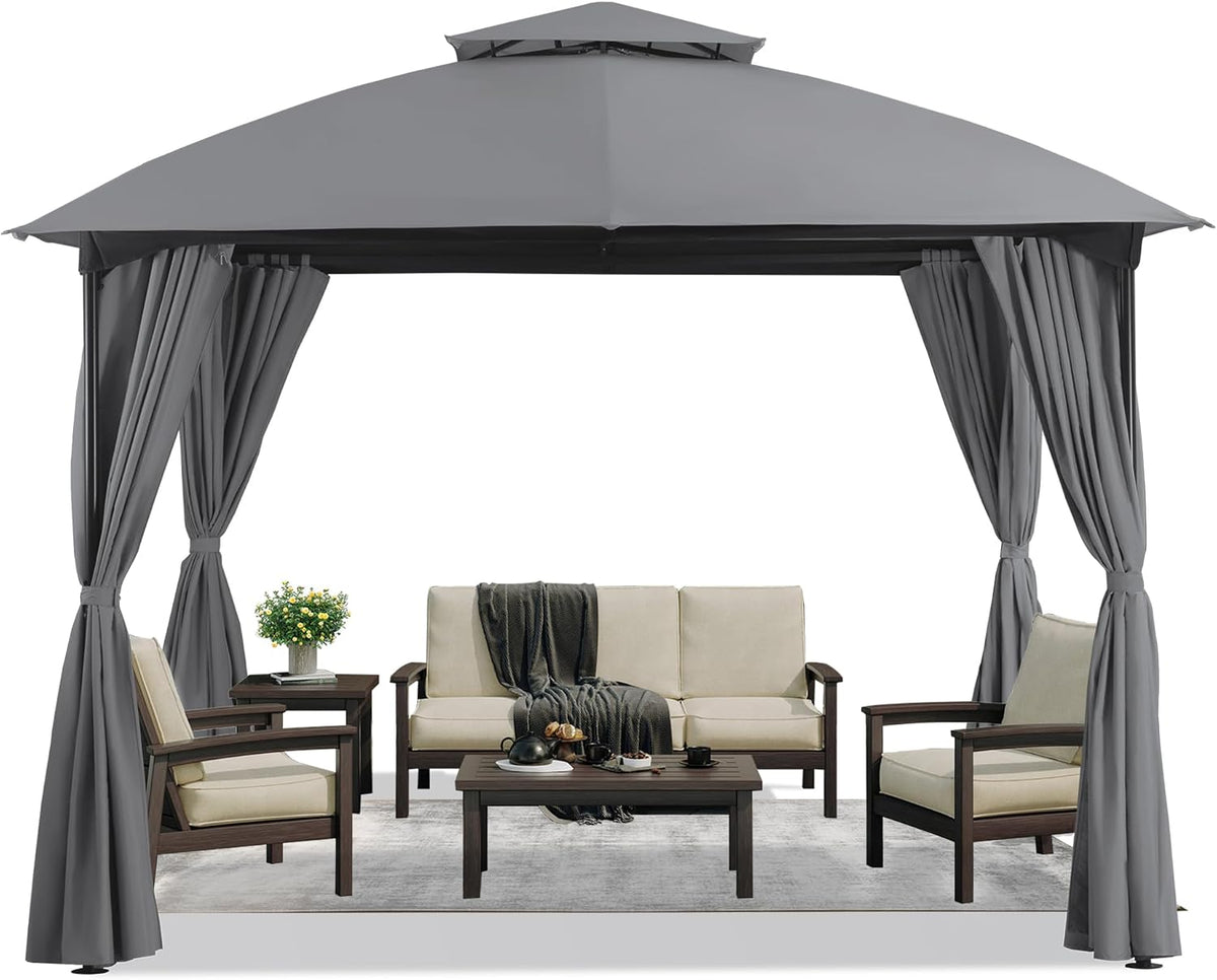 LAUSAINT HOME 10'x10' Patio Arc Gazebo, Outdoor Canopy Tent with Curved Roof Design, Double Tier Top, Privacy Curtains & Wind-Resistant Ropes, Backyard Garden Lawn, Gray