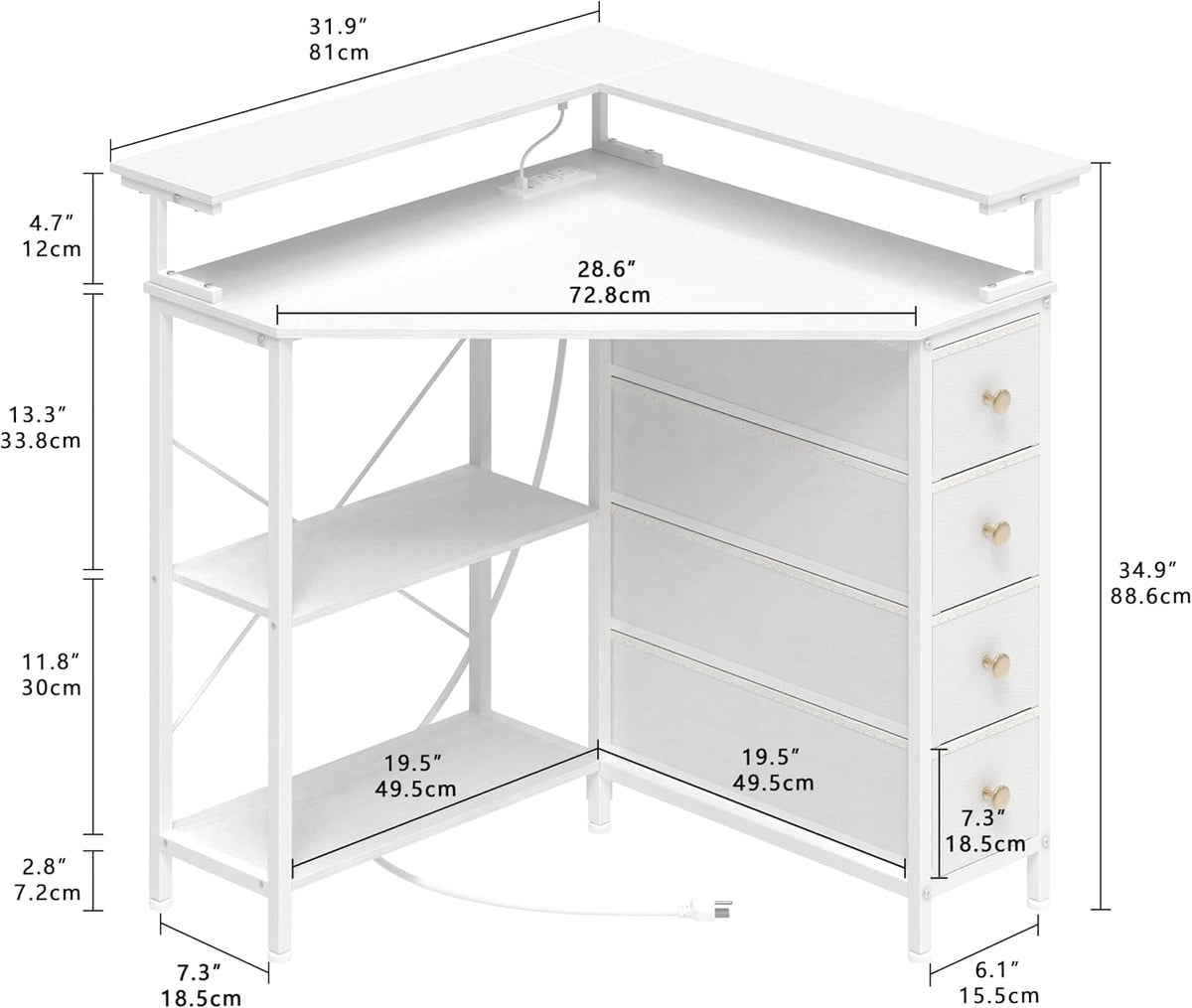 VENNQD Corner Desk with Drawers Shelves for Small Space 90 Degrees Triangle Computer Desk with Power Outlets,Gaming Desk with LED Lights Monitor Stand for Home Office Workstation Writing Table (White)