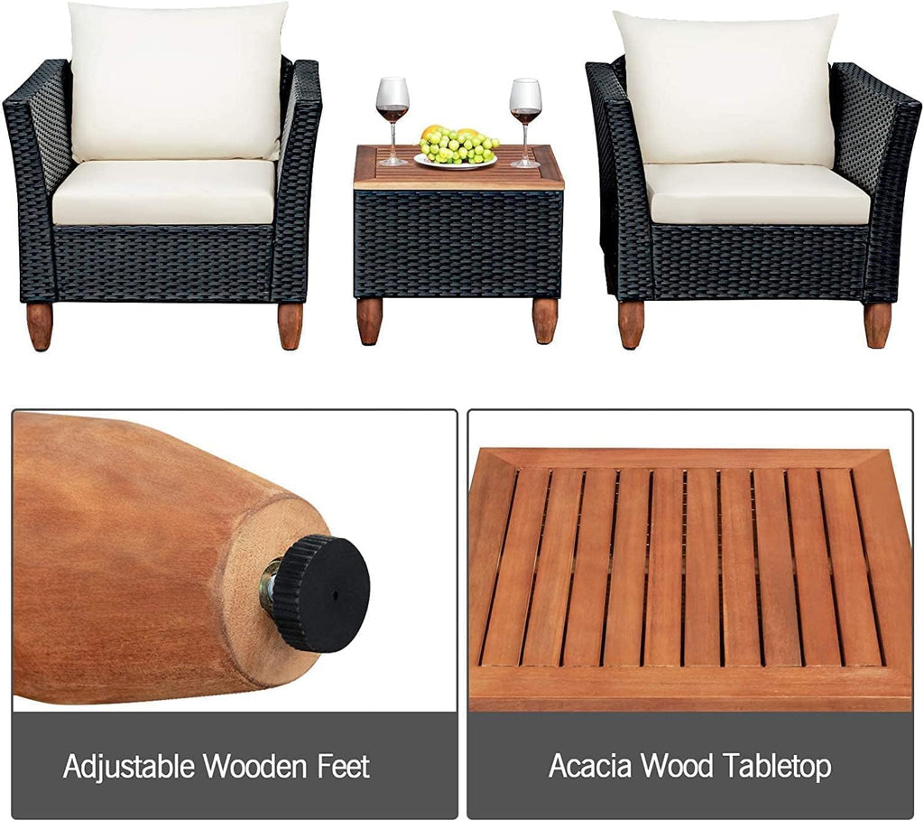 LDAILY Patio 3 Pieces Patio Furniture Set, PE Rattan Outdoor Wicker Sofa Chair with Washable Cushion & Wood Storage Table, Patio Conversation Set for Porch, Yard, Garden (White)