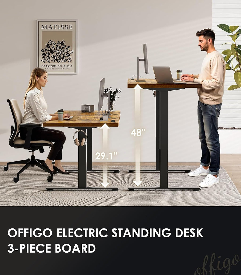OffiGo 79 Inch Executive Electric Standing Desk, Height Adjustable Desk with Power Outlet & 1.38' Thick 3-Piece Desktop, Sit Stand Computer Desk for Home, Office, Conference Room, Rustic Brown
