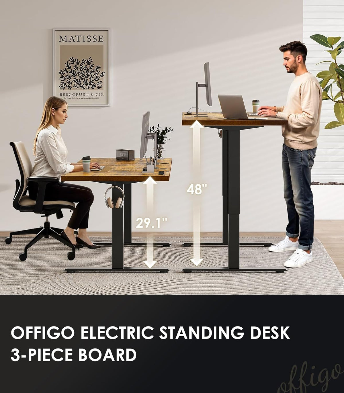 OffiGo 71 Inch Executive Electric Standing Desk, Height Adjustable Desk with Power Outlet & 1.38' Thick 3-Piece Desktop, Sit Stand Computer Desk for Home, Office, Conference Room, Rustic Brown