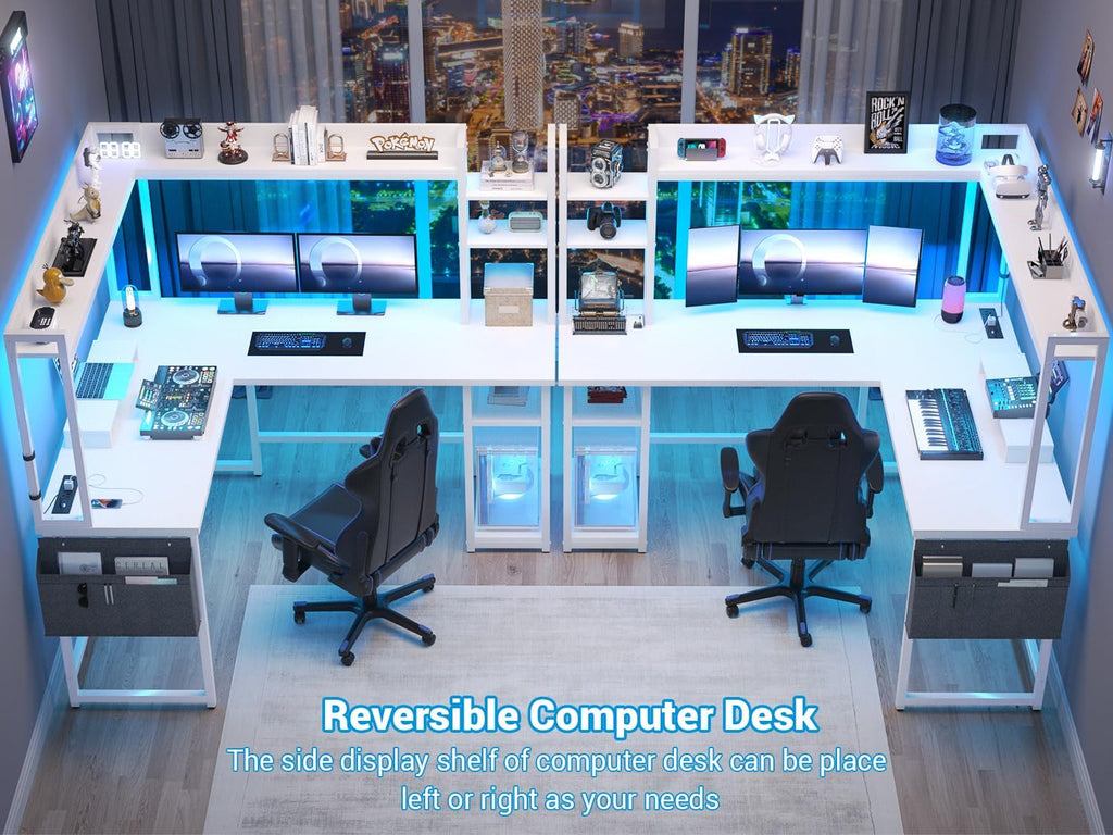 Aheaplus L Shaped Desk with Power Outlet, L Shaped Gaming Desk with Led Light & Hutch, Reversible Home Office Desk, Corner Computer Desk Writing Desk with Monitor Stand & Storage Shelves, White