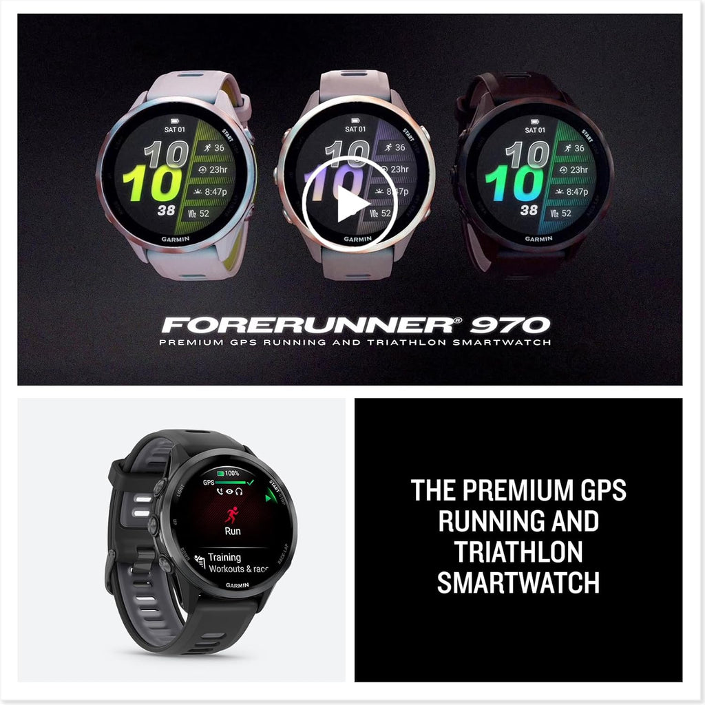 Garmin® Forerunner® 970, Premium GPS Running and Triathlon Smartwatch, AMOLED Display, Built-in LED Flashlight, Carbon Gray DLC Titanium with Black Case and Translucent Whitestone Band
