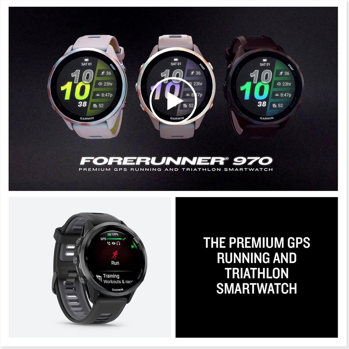 Garmin® Forerunner® 970, Premium GPS Running and Triathlon Smartwatch, AMOLED Display, Built-in LED Flashlight, Carbon Gray DLC Titanium with Black Case and Translucent Whitestone Band