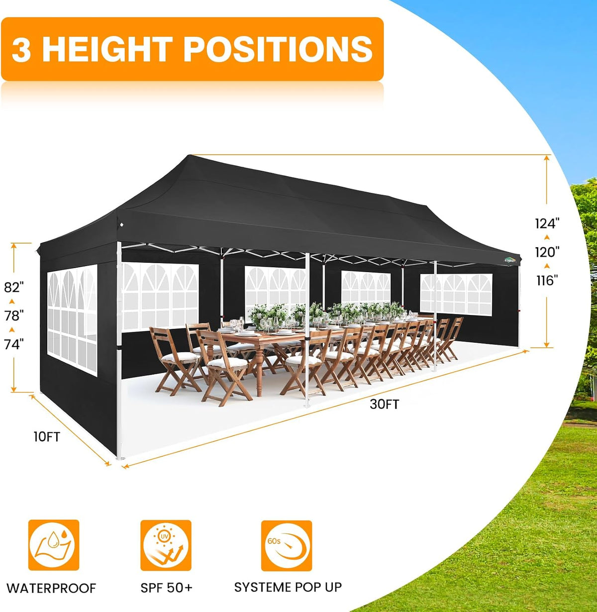 COBIZI 10x30 Pop up Canopy with Roller Bag & 8 Removable Sidewalls, Canopy Tent for Parties, Wedding, and Commercials, Waterproof and Instant Shelter UV50+ Outdoor Gazebo with 4 Sandbags(Black)