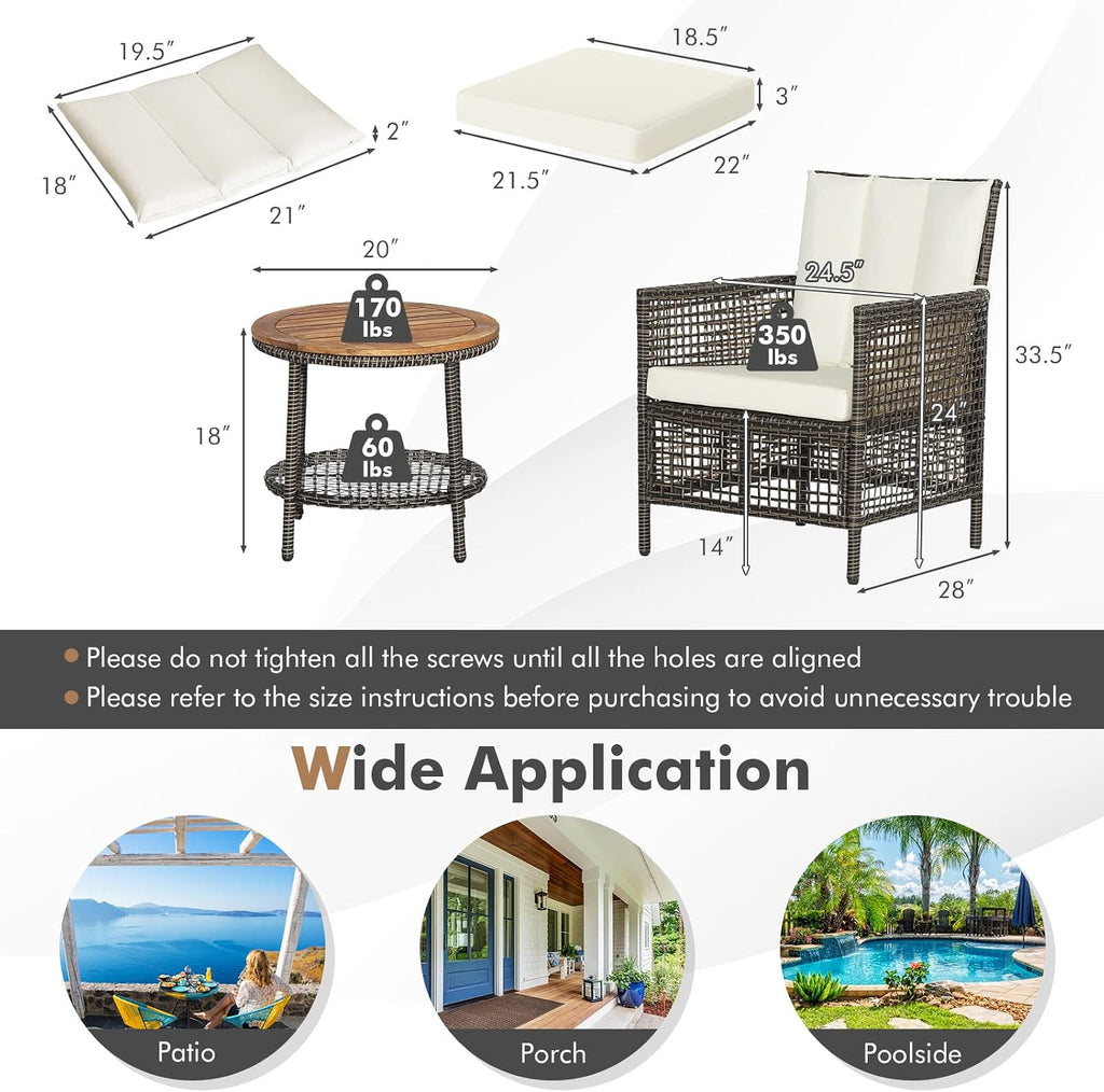 HAPPYGRILL 3 Pieces PE Wicker Bistro Set with Cushions, Patio Furniture Sofa Set with Side Table, Outdoor Conversation Set for Garden Poolside and Backyard
