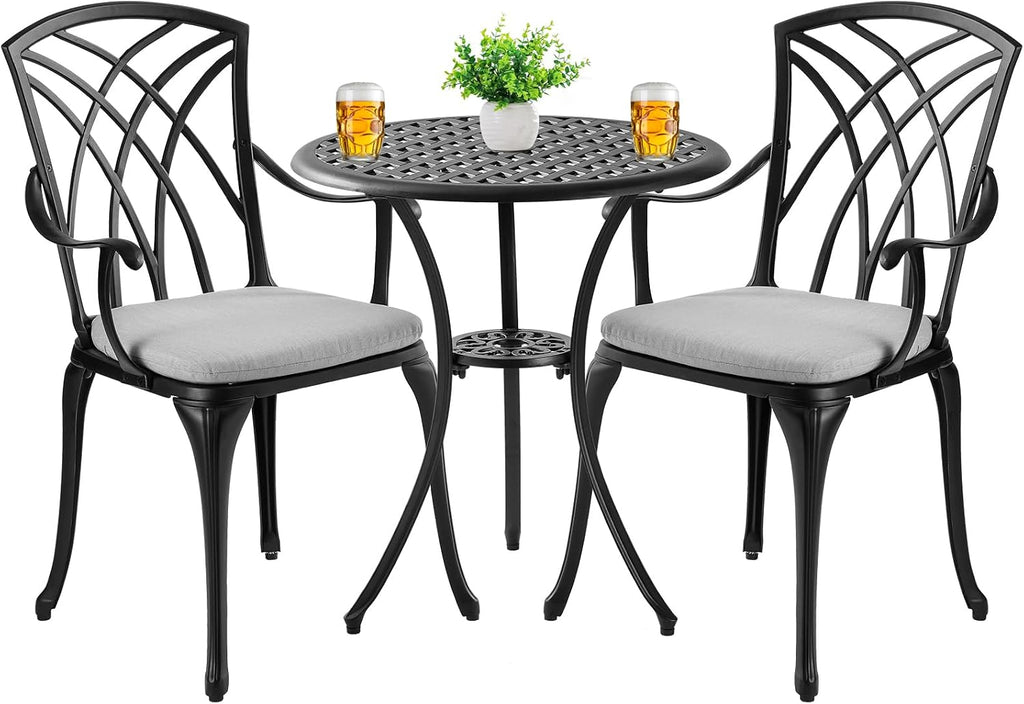 3 Piece Patio Bistro Set with Cushions, Outdoor Bistro Table and Chairs Set of 2 with Umbrella Holes, All Weather Bistro Table Set for Garden Porch Pools